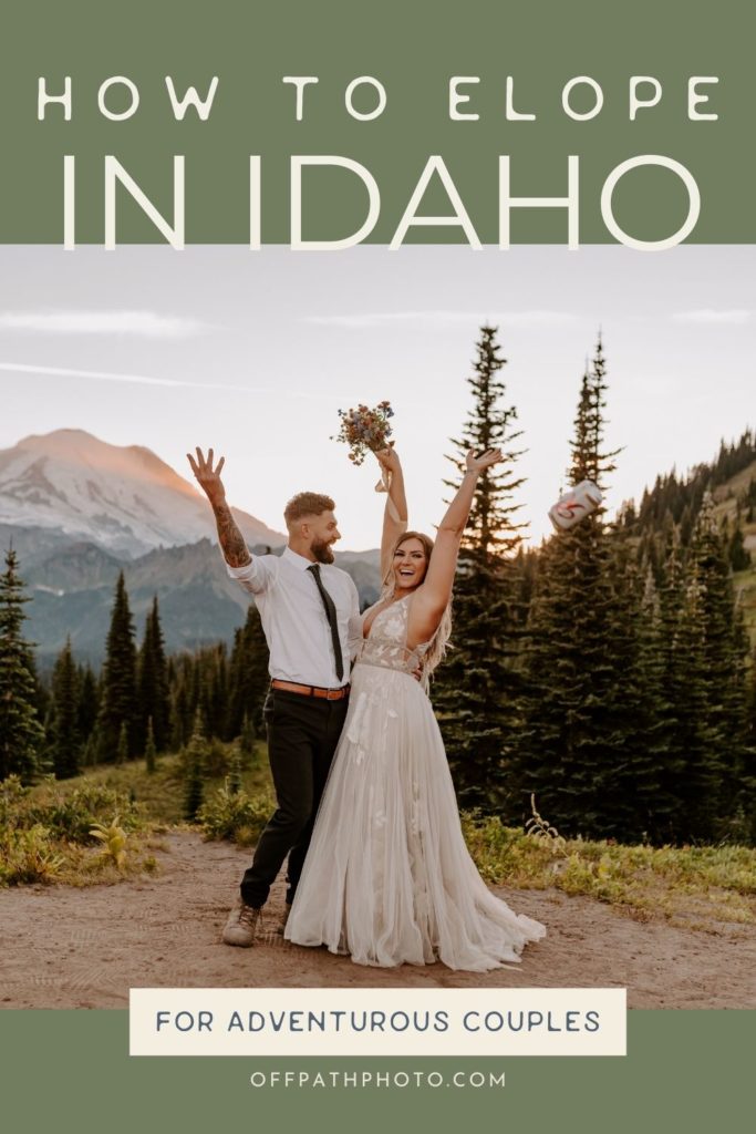 Couple throwing up cans of coke and flowers during their elopement shoot in Idaho, captured by Off Path Photography; image overlaid with text that reads How to Elope in Idaho For Adventurous Couples